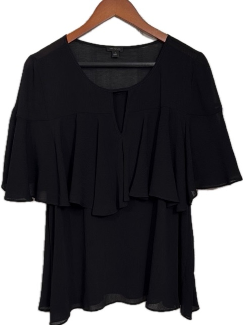 Ann Taylor Black elegant versatile Top with fancy ruffle Detail in front & back - Picture 2 of 4